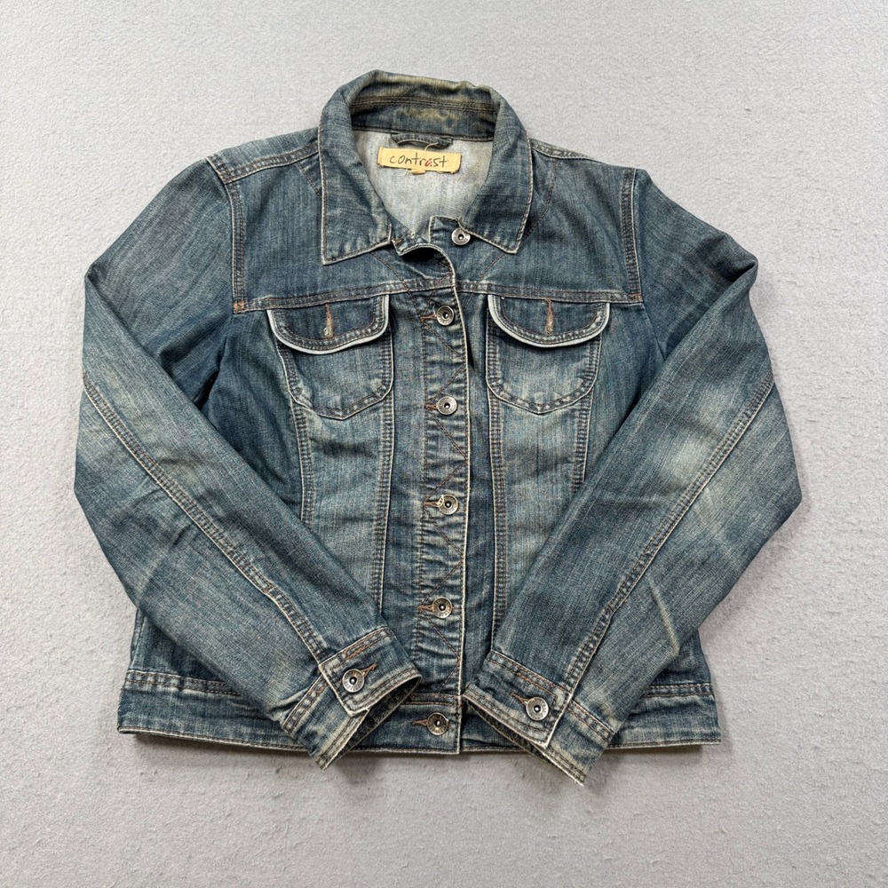 Contrast Trucker Jacket Women's 11 Blue Denim Medium Wash Western Grunge Rugged